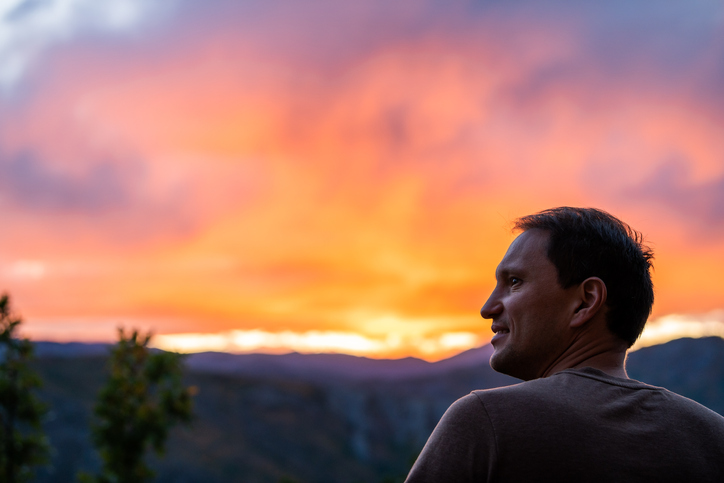 A middle aged man in a brown t shirt looks happily to the side as he stands in front of a scene with a mountain range and sunset